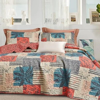  Orange Patchwork Cotton Quilt 3Pcs, Reversible King(106" x 96") Red Leaves - Image 1 of 4