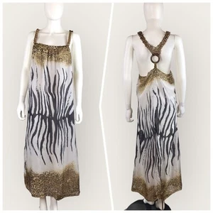Lumiere Boho Silk Maxi Dress Animal Print Wooden Beaded White & Brown - Picture 1 of 8
