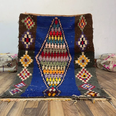 Vintage Moroccan Berber Rug 2.7x4.1 ft–Handwoven Wool Tribal Boho Blue Geometric - Image 1 of 4