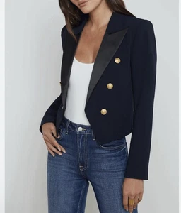 L'AGENCE Lila Peak Lapel Boxy Crop Blazer Size 2 NWT $650 Navy Black NWT - Picture 1 of 13
