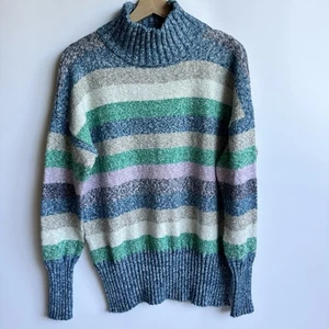 Eddie Bauer Women’s Oversized Turtle Neck Green Blue Striped Sweater Size M - Picture 1 of 14