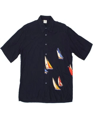 ALBA MODA Mens Graphic Short Sleeve Shirt UK 37/38 Small Navy Blue Viscose OU08 - Image 1 of 3