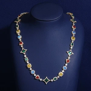 Colorful Gemstone Rhinestone Necklace for Men Women, Tennis Chain Bracelet Jewel - Picture 1 of 12