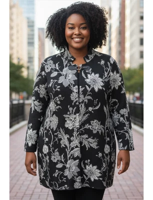 Cárdigan Suéter Cynthia Rowley Negro Floral Jacquard Mezcla Viscosa Talla 3X Foto 1 de 4