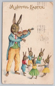 Joyful Easter Anthropomorphic Father Rabbit Playing Violin to Bunnies Postcard - Picture 1 of 3