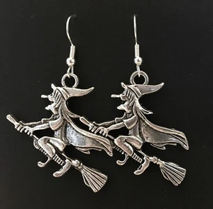 Silver coloured dangle earrings, Large Witch on Broomstick, Halloween - Picture 1 of 1