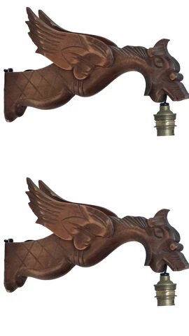 Pair Vintage French Carved Wood Gothic Chimera Wall Light Sconce Gargoye #1 Cover
