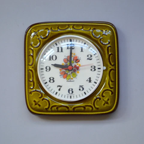 vintage German ceramic Quartz WALL CLOCK green tile 70s hand painted floral Cover