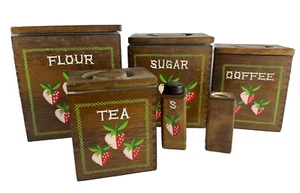 Wood Canister Set + S&P  Strawberry Design Styson Woodcrest Nesting Liners Vtg - Picture 1 of 16
