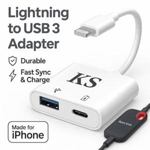 Camera Adapter 8-Pin to USB 3.0 for iPhone 14 to 6S & iPad - 100% iOS Compatible - Picture 1 of 5