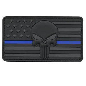 blue line skull USA american flag PVC 3D rubber ALL BLACK touch fastener patch - Picture 1 of 7