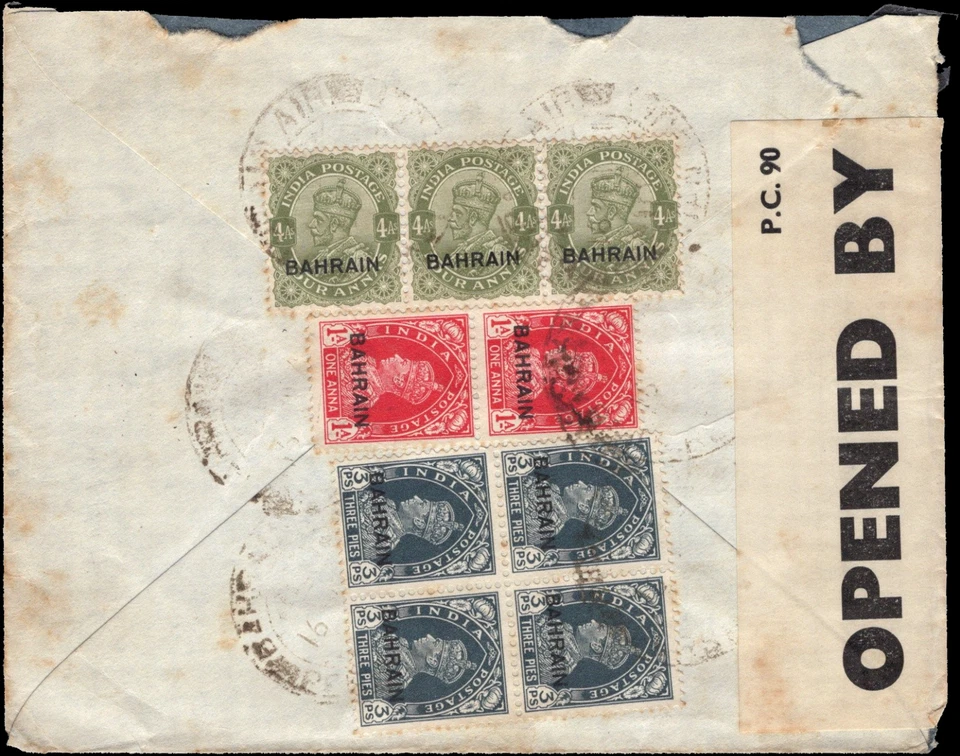 Cubierta de correo aéreo de Bahrein 1941 a Whitechurch Inglaterra; cinta de censura Foto 1 de 2