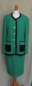 Vintage Mansfield Pea green & black wool 2 piece skirt suit jacket pencil 14 - Picture 1 of 12