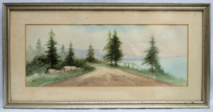VINTAGE LANDSCAPE COSTAL ROAD WATERCOLOR ON PAPER 20" X 7 1/2" - Picture 1 of 5