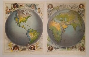 Antique Beautifully Illustrated Pair Of 1885 Maps Of The Hemispheres - Picture 1 of 11