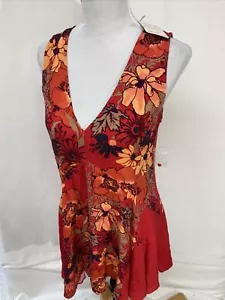 Free People Dress Womens XS Red Orange Floral Sleeveless V Neck Fit Flare $108 - Picture 1 of 12