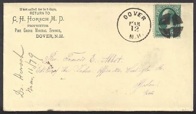 DOVER, NH ~ DR. HORSCH, Propr. PINE GROVE MINERAL WATER ~ ADV. COVER 1879 - Image 1 of 2