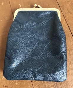 Vintage Wells Fargo leather Coin Purse Navy Blue Gold tone Kiss Lock Pig Skin - Picture 1 of 10