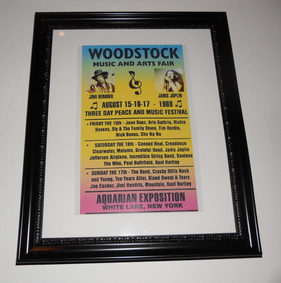 Large Framed Woodstock 1969 Hendrix Janis Joplin Handbill Poster 24" by 20" - Image 1 of 1