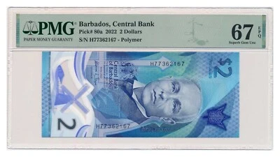 BARBADE BILLET 2 Dollars 2022 PMG MS 67 EPQ Superbe Gem Uncirculated - Photo 1/4