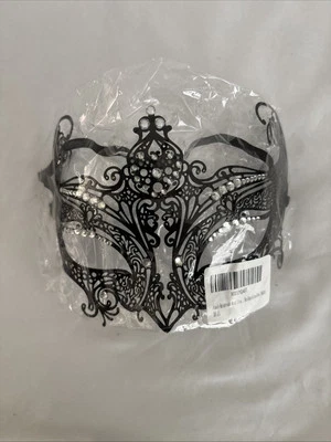 METAL & RHINESTONE MASQUERADE EYE MASK Black Venetian Intricate Halloween Adult - Image 1 of 2