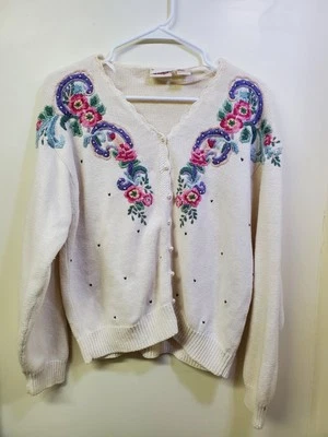 Cárdigan Suéter Vintage Huntington Ridge Talla L Blanco Floral Cottagecore Foto 1 de 4