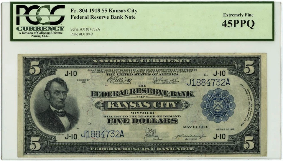 FR.804 $5 1918 Federal Reserve Bank Note Kansas City XF45PPQ PCGS 950750-45 - Image 1 of 3