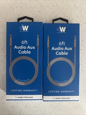 JW Just Wireless 6 Ft Audio Aux 2 Cables Audio 3.5mm Jack Gray Nylon Braided - Image 1 of 2