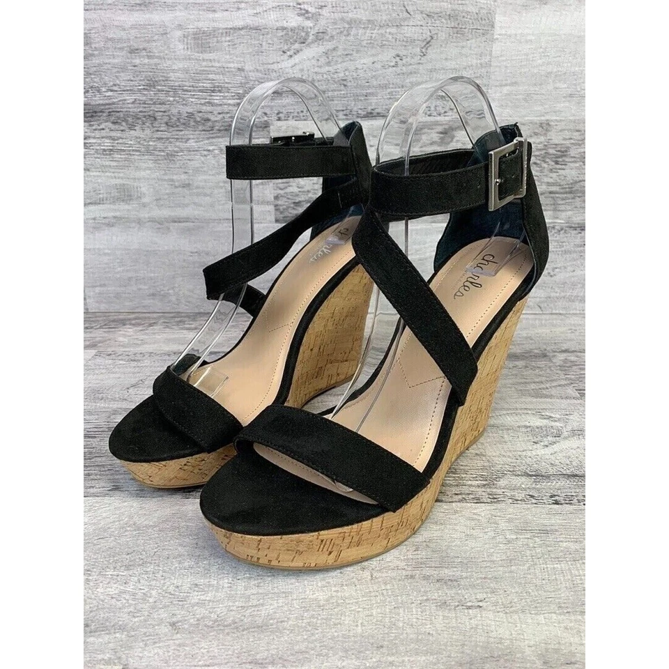 Sandalias de cuña Charles By Charles David negras de gamuza corcho para mujer talla 10M Foto 1 de 4