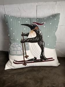 Pottery Barn Pillow Cover & Insert Penguin Igloo 18" Crewel Embroidered Xmas - Picture 1 of 7