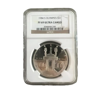 Moneda de dólar de plata de los Juegos Olímpicos de 1984 S $1 NGC PF 69 Ultra camafeo - Imagen 1 de 4