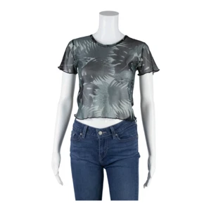 Y2K Mesh Cropped Top Black Floral Short Sleeve Womens S - Picture 1 of 5