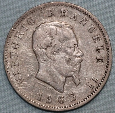Italy 1863 ~1 Lira - Vittorio Emanuele II ~ .835 Silver - Image 1 of 2