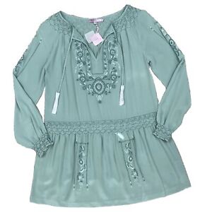 Calypso St Barth Dadra Silk Long Sleeve Embroidered Dress Green NWT $475 Size S