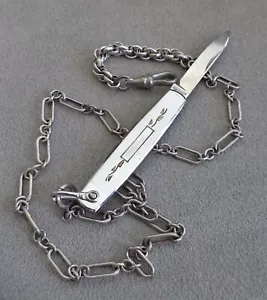 Art Deco STERLING Silver Gold Accent FOB KNIFE Pocket Watch 2" on Sterling CHAIN - Picture 1 of 5