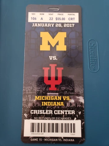 2016 - 2017 Michigan Wolverines vs Indiana Hoosiers Basketball Plastic Ticket Cover