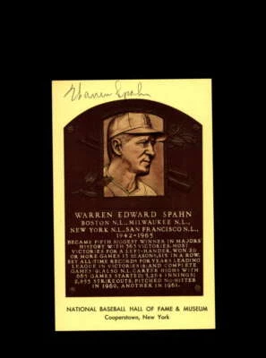 Warren Spahn Hand Signed Gold Hall Of Fame Postcard Autograph - Image 1 of 2