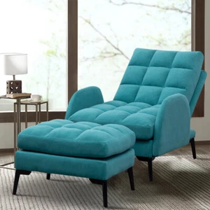 Matte Velvet Single Sofa Bed Adjustable Recliner Chair Armchair & Footstool Set - Picture 1 of 8