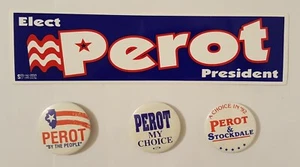 1992 ROSS PEROT President Campaign Bumper Sticker & 3 Pin Back Buttons - Picture 1 of 6