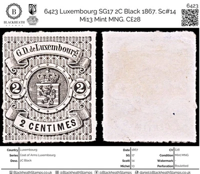 6423 Luxemburgo SG17 2C negro 1867. Sc#14 Mi13 como nuevo MNG. C£28 - Imagen 1 de 4