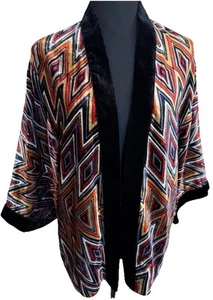 Chico’s 2 L Velvet Boho Tribal Art Wear 3/4 Slv Cardigan Open Kimono Shrug Top - Picture 1 of 4