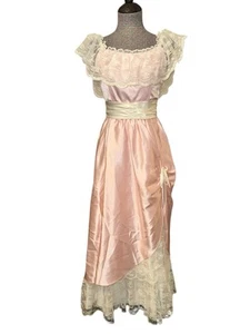 PRECIOUS MOMENTS Vintage Pink Satin Dress Romantic Gown Lace 80’s Southern 5/6 - Picture 1 of 9