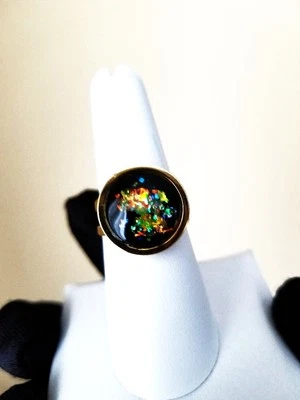 Black Opal Ring in Resin: Fiesta Fire 14mm 18k Gold-Plated Stainless-Steel Band - Image 1 of 4