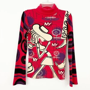 Custo Barcelona Graphic Turtleneck Top Size M Red Lady Cotton Long Sleeve Tee - Picture 1 of 8