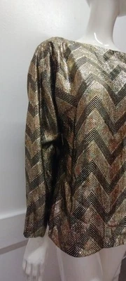 70s Halston Gold Lame Blouse M Long Sleeve Chevron Evening Wear Top Boxy Unisex - Image 1 of 4