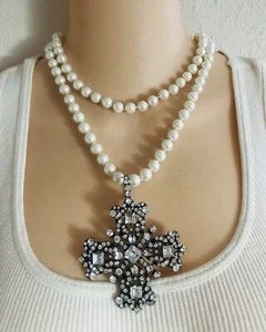 JOAN RIVERS PRIVATE COLLECTION Maltese Cross Pin / Pendant 35" Pearl Necklace - Picture 1 of 24