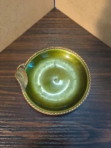 VTG Evans MCM 50’s Green Hand Enameled Trinket Dish, Copper, Brass Leaf - Picture 1 of 8