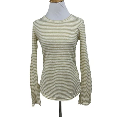 Camiseta a rayas con marco de lino mezcla metálica para mujer talla XS camisa a rayas blanca dorada Foto 1 de 4