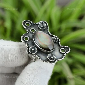 Natural Mother Of Pearl Gemstone Solitaire Black Ring Size 8.5 925 Silver - Picture 1 of 6