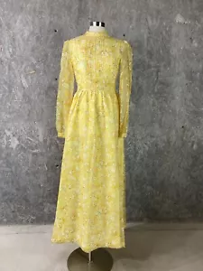 Maxi Vestido Vintage Hecho a Mano Talla 8 Amarillo Floral Transparente Baile de graduación Modesto Casa de Campo - Imagen 1 de 8